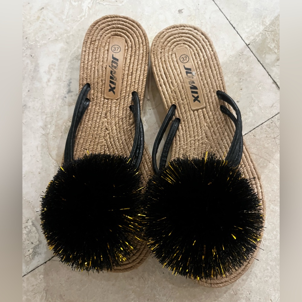 Lemax Women's Tan and Black Pom-Pom Slippers - Picture 2 of 4